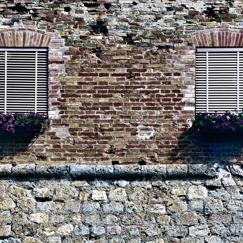 Preview: Italian Windows With Closed Shutters, Decorated With Fresh Flowers, Retro Image Filtered Style