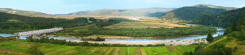Preview: Summer Misty Morning Country Foothills Panorama With Railroad And River (Werchnie Syniowydne