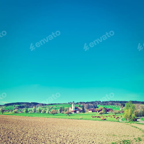 Preview: The Swiss Village Surrounded By Forests And Plowed Fields, Retro Effect