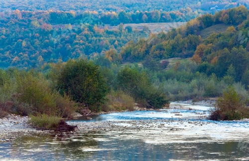 Preview: River View And Autumn Evening Mountain With Colorful Forest.