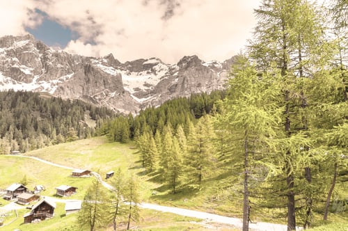 Preview: Austrian Village Surrounded By Forests, Meadows, Fields And Pastures On The Background Of