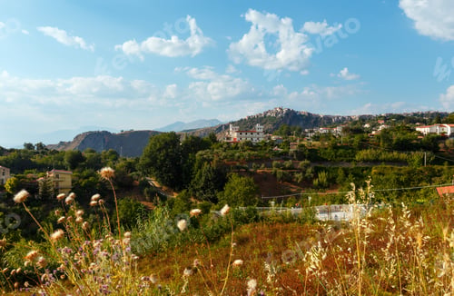 Preview: Calabria Summer View With Beautiful Village On Mountain Hill Top Above Tyrrhenian Sea Coast, Italy.