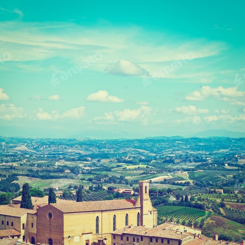 Preview: Aerial View Of The Medieval City Gimignano And Surrounding Tuscan Landscape In Italy, Instagram