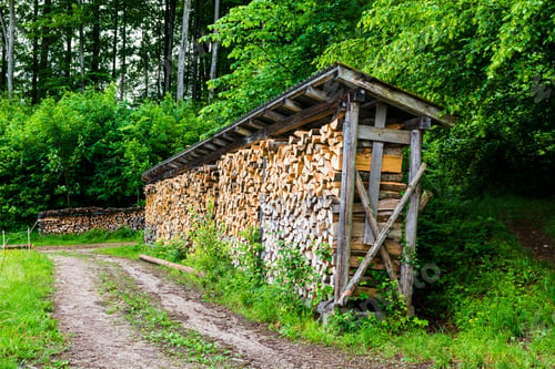 Preview: Firewood For Heating On The Front Lawn In Austria. Vintage Style