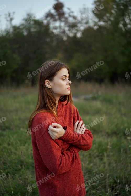 Preview: Woman Model In Warm Red Sweater Outdoors