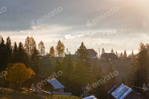 Preview: First Sunrise Rays Of Sun And Shadows Through Fog And Trees On Slopes. Morning Autumn Carpathian