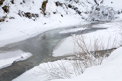 Preview: Winter Mountain River With Rime Covered Trees And Bushes On Riverside