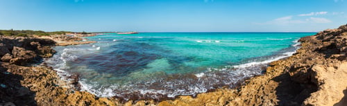 Preview: Picturesque Ionian Sea Beach Punta Della Suina, Salento, Puglia, Italy. Gallipoli Town View In Far