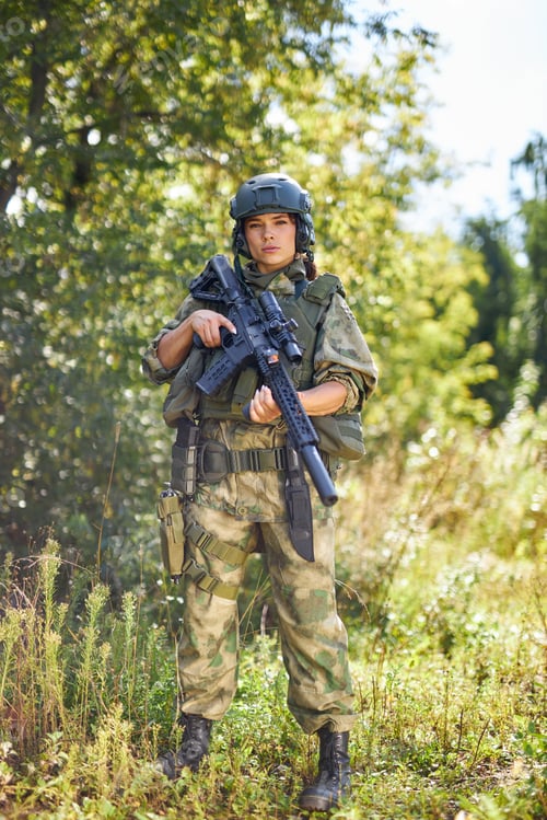 Preview: Powerful Sportive Woman Soldier Ready For Battle Wearing Protective Military Gear Weapon, Rifle Or