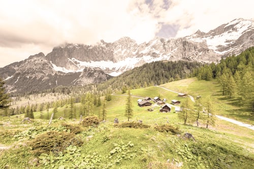 Preview: Austrian Village Surrounded By Forests, Meadows, Fields And Pastures On The Background Of