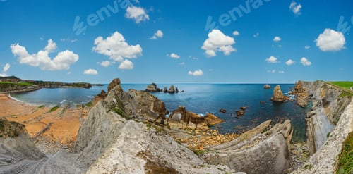 Preview: Beautiful Arnia Beach (Playa Arnia, Biskaya, Cantabria, Spain) Summer Top View. Atlantic Ocean