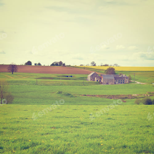 Preview: Green Pastures Around Farm House In Belgium, Instagram Effect