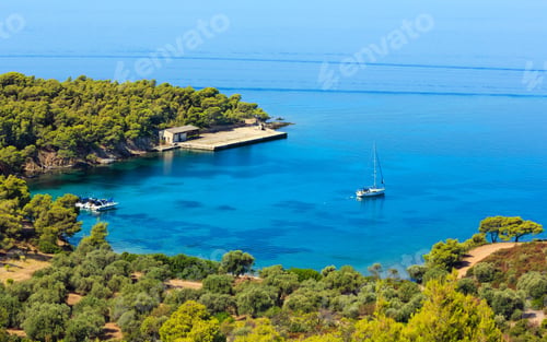 Preview: Morning Summer Aegean Sea Coast With Pine Trees On Shore And Small Yachts In Bay (Sithonia