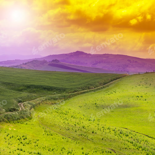 Preview: Sicilian Landscape At Sunrise, Hills, Fields, Flowers, Pasture And Sunlight