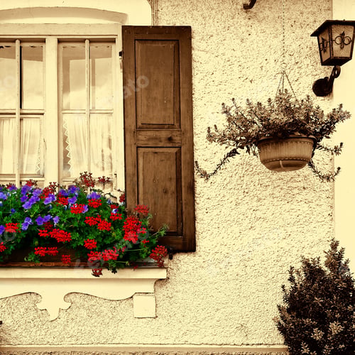 Preview: Bavarian Window With Open Wooden Shutters, Decorated With Fresh Flowers, Retro Image Filtered Style