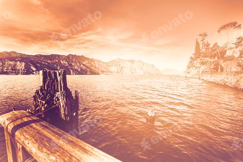 Preview: Deserted Shore Of Lake Garda In Italy In The Absence Of Tourism At Dawn In A Contemporary Style.