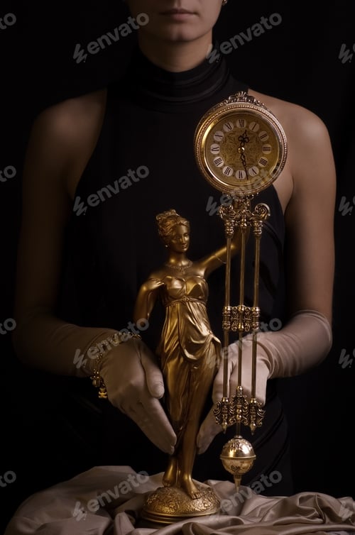 Preview: Sepia Picture Of A Beautiful Girl With Antique Clock
