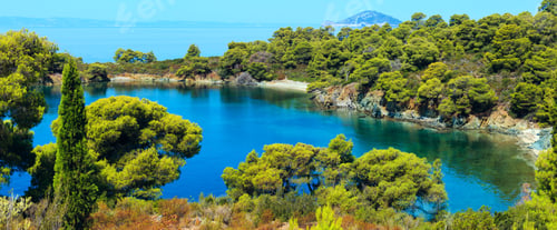 Preview: Morning Summer Aegean Sea With Pine Trees On Shore, Small Beaches And Kelifos Island View From
