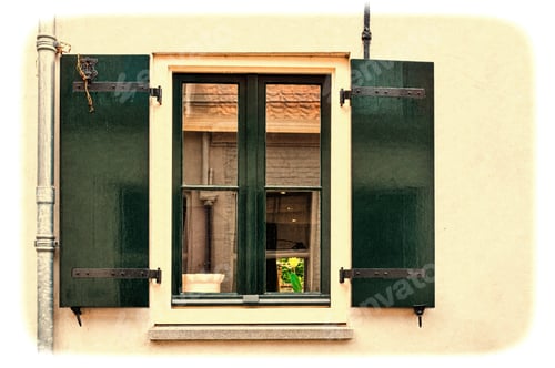 Preview: Window With Shutters In The Wall Of A House In Holland. Typical Dutch House With Windows Painted In