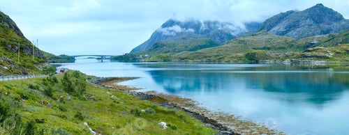 Preview: Summer Cloudy Sea Coast Panorama With Road And Bridge (Norway, Lofoten).
