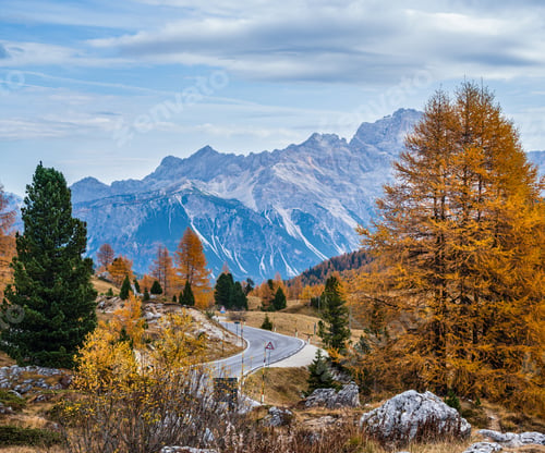 Preview: Overcast Morning Autumn Alpine Dolomites Mountain Scene. Peaceful View Near Valparola And Falzarego