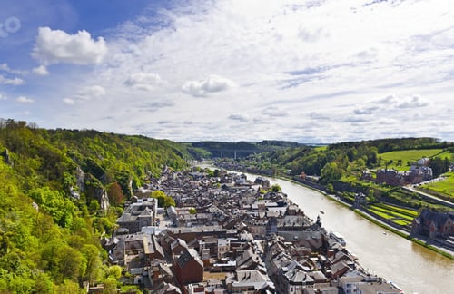 Preview: Embankment Of The River Meuse In The Belgian City Of Dinant. Beautiful Small Town Dinant In Belgium.