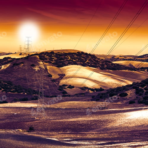 Preview: Olive Grove And Fields In Spain After Harvesting At Sunrise. Electrical Power Lines On Pylons In