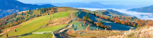 Preview: Autumn Misty Morning Mountain Ridge Panorama (Carpathian , Ukraine). Three Shots Stitch Image.