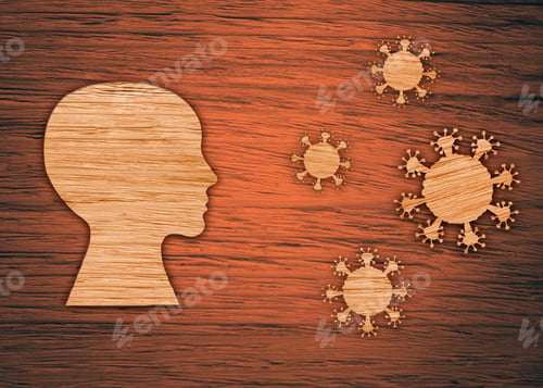 Preview: The Silhouette Of A Human Head, The Virus On A Brown Wooden Background. The Epidemic Of The