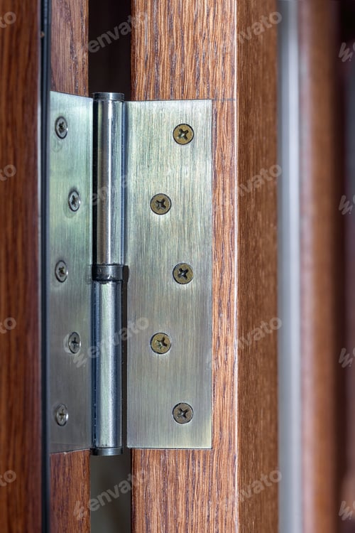 Preview: Door Hinge, Metal Door Loop Established On A Wooden Door Close Up.