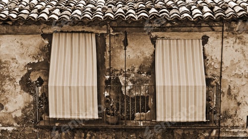 Preview: Italian Windows With Closed Shutters In Sicilian City, Vintage Style Sepia