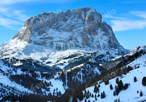 Preview: Morning Winter Rocky Mountain Landscape. Gardena Pass In Dolomites Of South Tyrol In Northeast