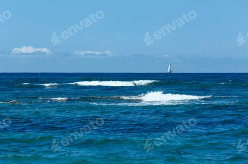 Preview: Sailer On Horizon And Sea Summer View From Beach (Greece, Lefkada, Ionian Sea).