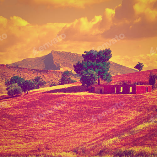 Preview: Wheat Fields On The Hills Of Sicily At Sunset, Vintage Style Toned Picture