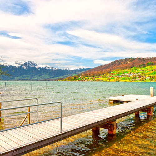 Preview: Wooden Mooring Line On The Lake Sarner In Switzerland