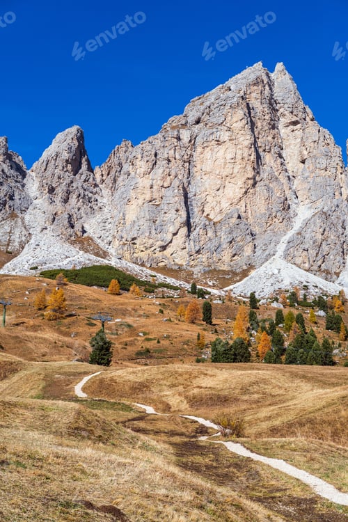 Preview: Autumn Alpine Dolomites Mountain Scene, Sudtirol, Italy. Peaceful View Near Gardena Pass