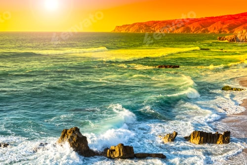 Preview: Rocky Coast Of Atlantic Ocean In Portugal At Sunset. Breathtaking Landscape And Nature Of The The