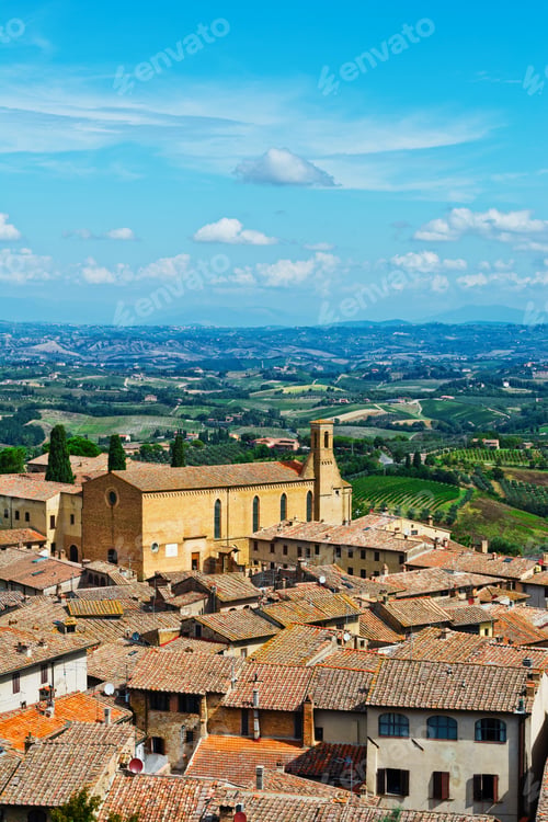 Preview: Aerial View Of The Medieval City Gimignano And Surrounding Tuscan Landscape In Italy