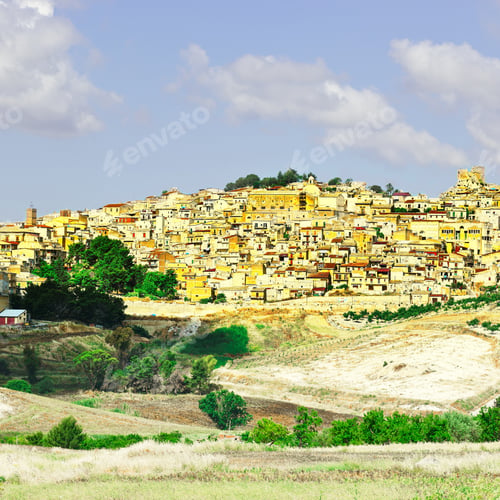 Preview: View To The Medieval City Of Pietraperria In Sicily, Retro Image Filtered Style