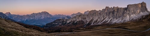 Preview: Italian Dolomites Mountain Peaceful Evening Dusk Panorama From Giau Pass. Picturesque Climate