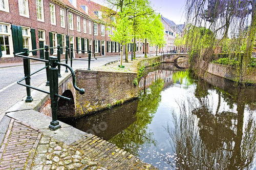Preview: Urban Scene In Amersfoort With Typical Local Architecture. Embankment In The Historical Center Of
