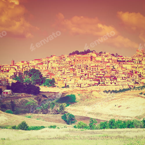 Preview: View To The Medieval City Of Pietraperria In Sicily At Sunset, Retro Effect