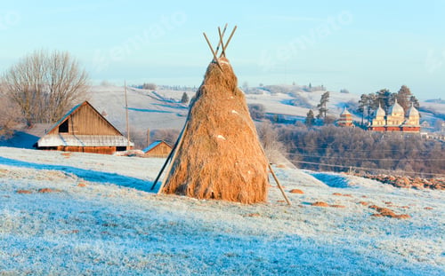 Preview: Autumn Morning Hoarfrost On Mountain Village Outskirts Pasture And Haystack