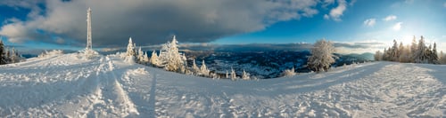 Preview: Winter Evening Sunshiny Calm Mountain Panorama Landscape With Beautiful Frosting Trees And