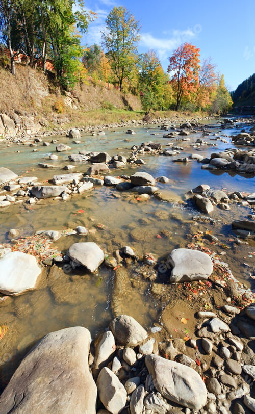 Preview: Autumn Mountain Stony River View With Some Rapids And Stony Edges