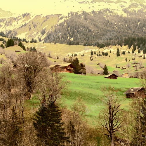 Preview: The Small Village High Up In The Swiss Alps, Vintage Style Toned Picture