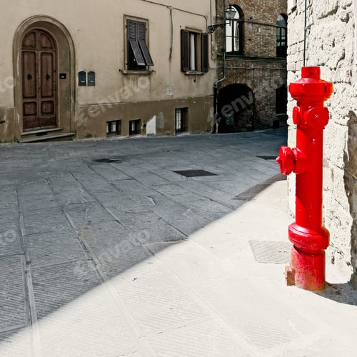 Preview: Fire Hydrant On The Street With Old Buildings In Italian City, Vintage Style Toned Picture