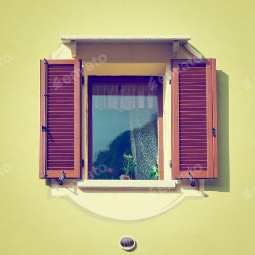 Preview: Italian Window With Open Wooden Shutters, Decorated With Fresh Flowers, Instagram Effect