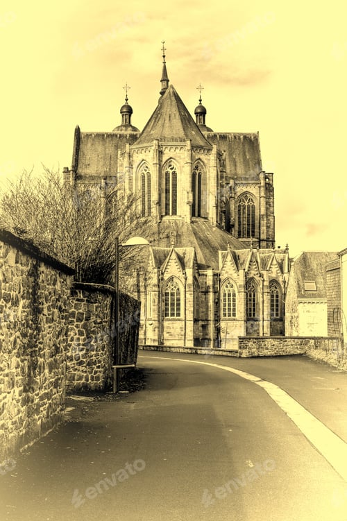 Preview: The Street Leading To The Church In Belgium. Cathedral Of St. Hubert In Belgium. Vintage Style