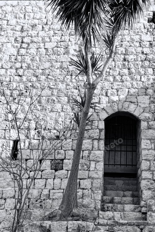 Preview: Remnants Of Crusader Castle In Israel. The Yehiam Fortress, National Park Of Israel. Black And